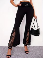 Kadın Yüksek Bel Kalpli Kemer Dantel Detaylı Dalgıç Pantolon