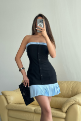 STRAPLEZ POLVİSKON ELBİSE MAVİ FIRFIR DETAYLI - Siyah