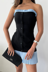 STRAPLEZ POLVİSKON ELBİSE MAVİ FIRFIR DETAYLI - Siyah