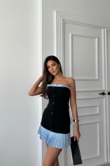 STRAPLEZ POLVİSKON ELBİSE MAVİ FIRFIR DETAYLI - Siyah