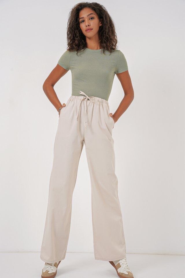 6690 Bol Paça Yüksek Bel Pantolon - Krem