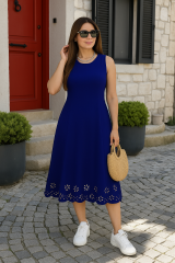 Kadın Kolsuz Etek Ucu Lazer Kesim çiçek Desenli Midi Boy Ithal Krep Elbise