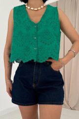 Yeşil Sıfır Kol Brode Bluz