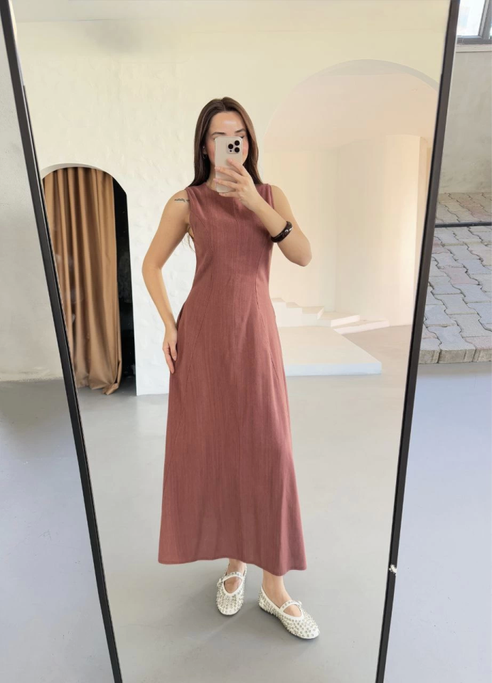 Keten Uzun Kolsuz Elbise- Gül Kurusu