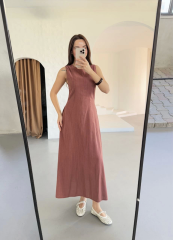 Keten Uzun Kolsuz Elbise- Gül Kurusu