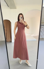 Keten Uzun Kolsuz Elbise- Gül Kurusu