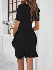 Kadın Kısa Kollu Bisiklet Yaka önden Fırfırlı Büzgülü Janjan Krep Kısa Elbise