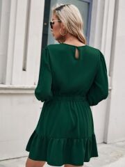 Kadın Uzun Kollu Bisiklet Yaka Beli Lastikli Fırfırlı Ithal Krep Elbise