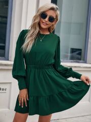 Kadın Uzun Kollu Bisiklet Yaka Beli Lastikli Fırfırlı Ithal Krep Elbise
