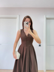 V Yaka Uzun Kolsuz Elbise- Kahverengi