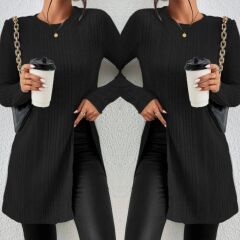 Kadın Uzun Kollu Bisiklet Yaka Iki Yandan Yırtmaç Detay Triko Bluz