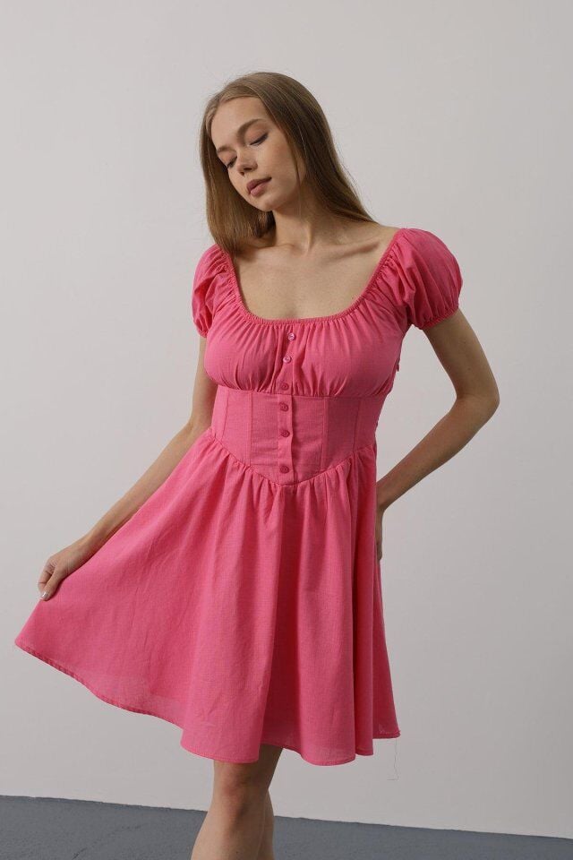 Beli Korseli Mini Elbise - Fuşya