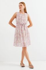 2501 Desenli Sıfır Kol Şifon Elbise - Pembe