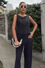 Sıfır Kollu Bluz Batik Desenli Pantolon İkili Takım 10181-08