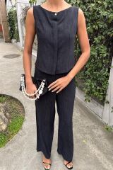 Sıfır Kollu Bluz Batik Desenli Pantolon İkili Takım 10181-08