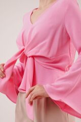 Ön Bağlamalı Volan Kol Pembe Bluz