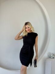 Kadın Kısa Kap Kollu Bisiklet Yaka Belden Bağlamalı Modal Mini Elbise