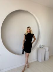 Kadın Kısa Kap Kollu Bisiklet Yaka Belden Bağlamalı Modal Mini Elbise