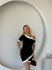 Kadın Kısa Kollu Asimetrik Kesim Yaka şerit Ve Aksesuar Detaylı Modal Elbise