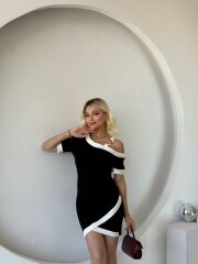 Kadın Kısa Kollu Asimetrik Kesim Yaka şerit Ve Aksesuar Detaylı Modal Elbise