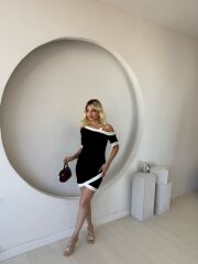 Kadın Kısa Kollu Asimetrik Kesim Yaka şerit Ve Aksesuar Detaylı Modal Elbise