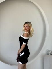 Kadın Kısa Kollu Asimetrik Kesim Yaka şerit Ve Aksesuar Detaylı Modal Elbise