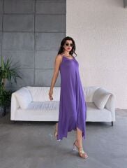 Kadın çan Dokuma Kumaş V Yaka Asimetrik Kesim Elbise