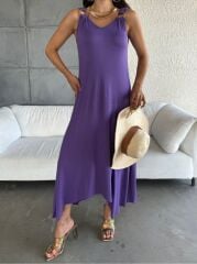 Kadın çan Dokuma Kumaş V Yaka Asimetrik Kesim Elbise