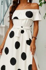 Kadın Kısa Kollu Madonna Yaka Fırfırlı Belden Yırtmaçlı Maksi örme Krep Elbise