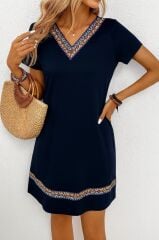 Kadın Kısa Kollu V Yakalı Etnik Desen şerit Detaylı Viskon Elbise