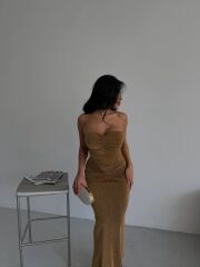 Straplez Simli Uzun Elbise