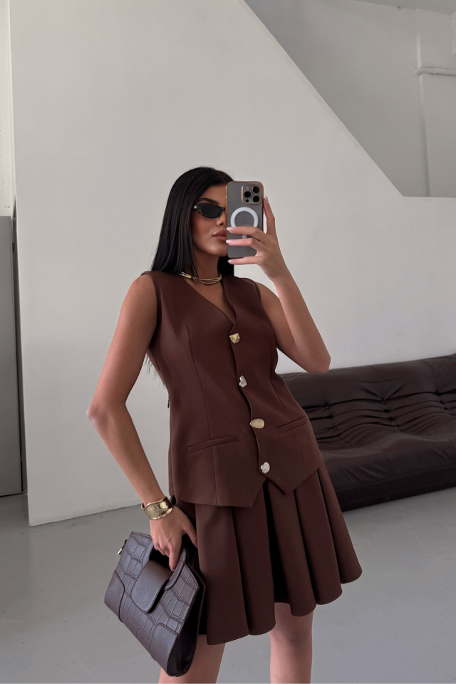 YELEK - PİLELİ ETEK GÖRÜNÜMLÜ ELBİSE - Kahverengi