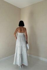 Mavi Askılı Parçalı Çizgili Müslin Elbise