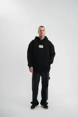 Unisex Kapşonlu Uzun Kol Patchli Nakışlı SweatShirt  - Siyah