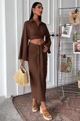 Crop Gömlekli Ve Eteği Büzgülü Tasarım Takım 10195