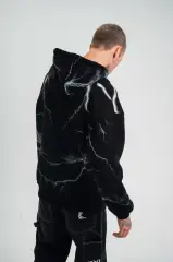Double Oversize Kapşonlu Şimşek Pano Baskılı SweatShirt - Siyah