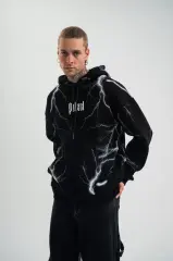 Double Oversize Kapşonlu Şimşek Pano Baskılı SweatShirt - Siyah