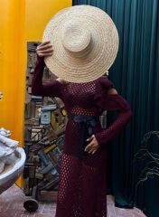 Saten Kuşaklı Ajurlu Triko Elbise 2847