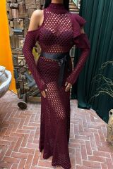 Saten Kuşaklı Ajurlu Triko Elbise 2847