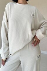 Bej Klasik Fitilli Kazak Ve Pantolon Takım