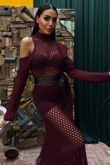 Saten Kuşaklı Ajurlu Triko Elbise 2847