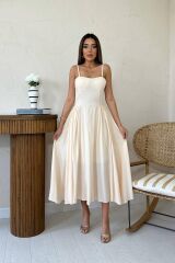 Bej Göğüs Kuplu Uzun Büzgülü Elbise