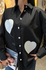 Kalp Nakışlı Ve Düğme Detaylı Oversize Gömlek 3430