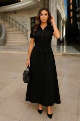 Kadın Kısa Kollu Yakalı önden Düğmeli Beli Kuşaklı Ithal Keten Elbise