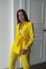 Neon Beli Kuşaklı Ceket Ve Pantolon Parlak Takım