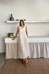 KETEN ÖNDEN DÜĞMELİ KOLSUZ GÖMLEK YAKA ELBİSE - Beyaz