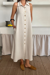 KETEN ÖNDEN DÜĞMELİ KOLSUZ GÖMLEK YAKA ELBİSE - Beyaz