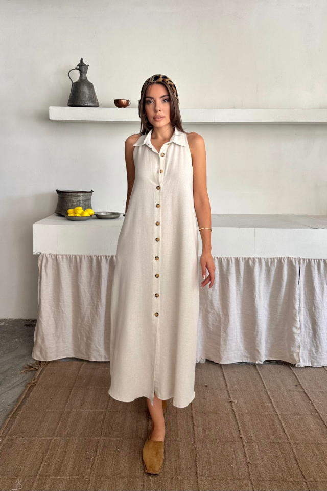 KETEN ÖNDEN DÜĞMELİ KOLSUZ GÖMLEK YAKA ELBİSE - Beyaz