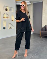 Kadın Kısa Kollu V Yakalı Pul Payetli Viskon Iki Iplik Bluz Ve Pantolon Ikili Takım