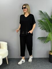 Kadın Kısa Kollu V Yakalı Pul Payetli Viskon Iki Iplik Bluz Ve Pantolon Ikili Takım